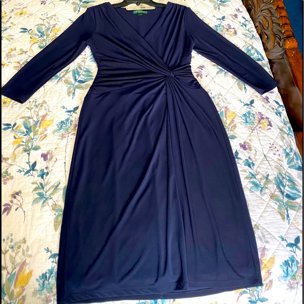 Ralph Lauren Lighthouse Navy, 3/4 Sleeve Jersey Matte Midi Dress - NWT